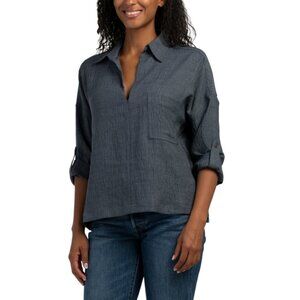 MAX STUDIO LONDON Blue Steel Roll Tab Sleeve V-neck Shirt